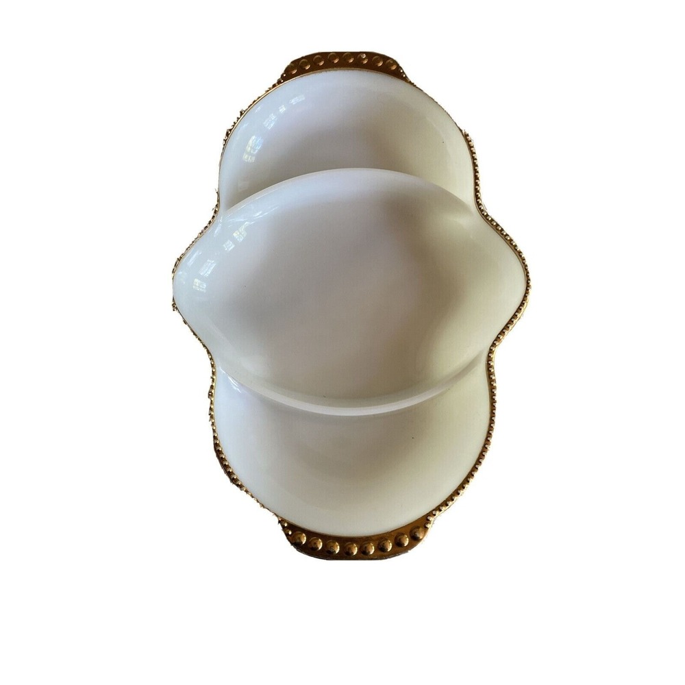 Fire King Anchor Hocking Oven‎ Ware Divided White Milk Glass Gold Trim Dish VTG